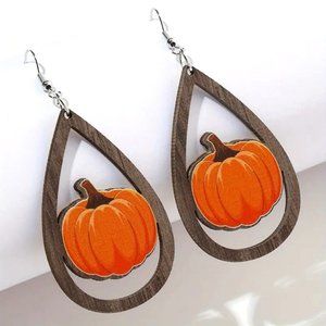 Pumpkin Fall Earrings Wood Dangle Boho Hippie Halloween Thanksgiving Harvest